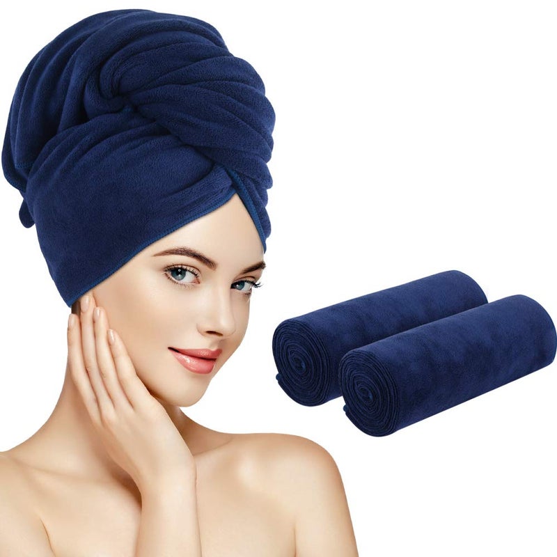 SUNLAND Microfiber Hair Towels Anti Frizz Hair Drying Towel Super Absorbent Fast Drying Turbans for Wet Curly Hair Soft Hair Towel Wrap with Elastic Band for All Hair Types 40 X 20 inches Navy Blue - Image 1